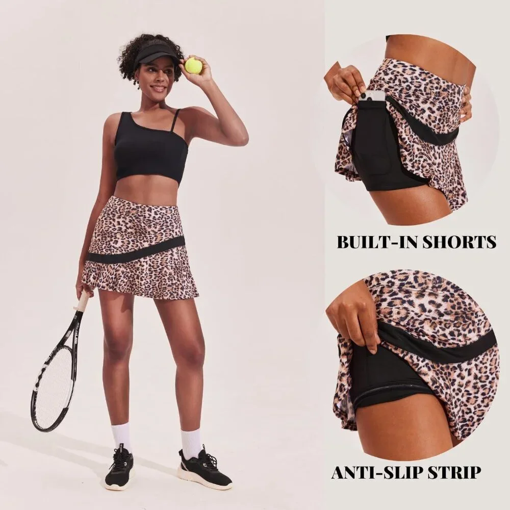 Women's Leopard Pleated Athletic Skort Anti-slip Strip High Waited Casual Skirts